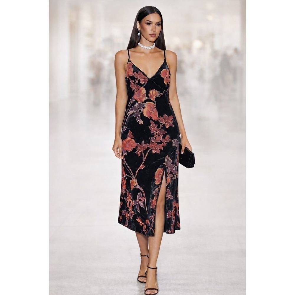 Rachel Zoe Black and Red Floral Midi Dress